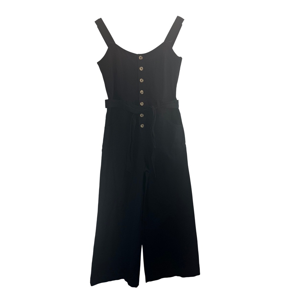 Billabong Black Button Front‎ Wide Leg Jumpsuit Cropped Linen Belted Sz M Beachy